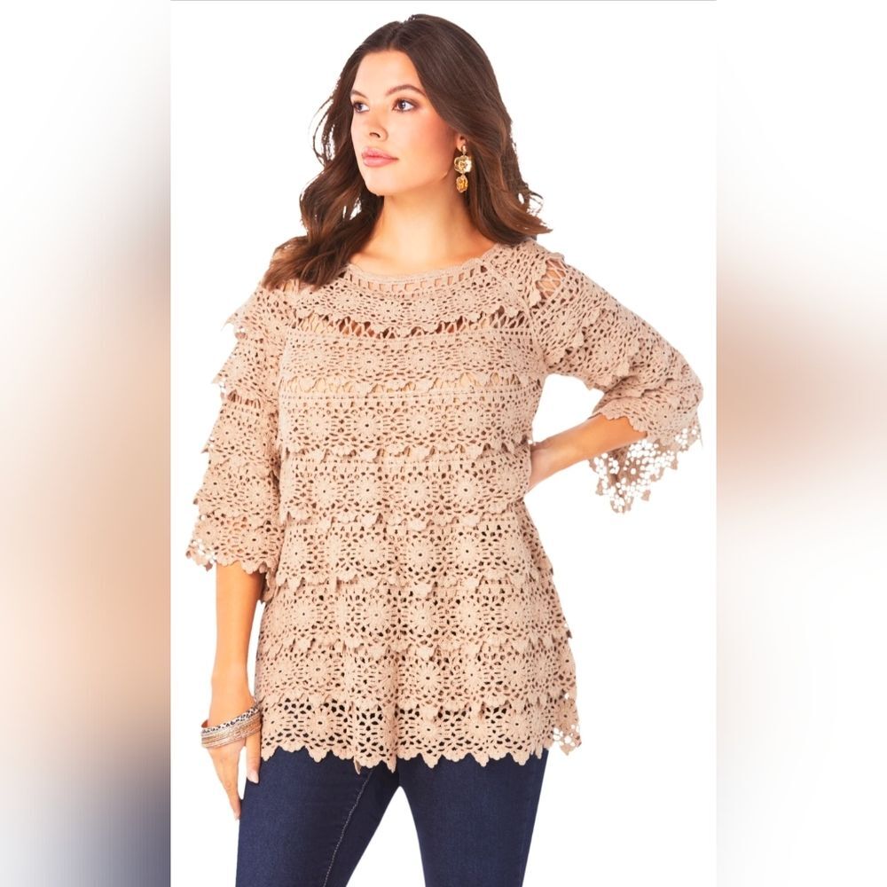 Roamans Womens Plus Size 14/16 Tiered Crochet Sweater Short Sleeve Boho Shirt